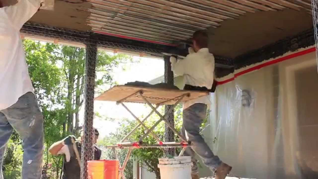 Stucco exterior ceilings both coats same day.