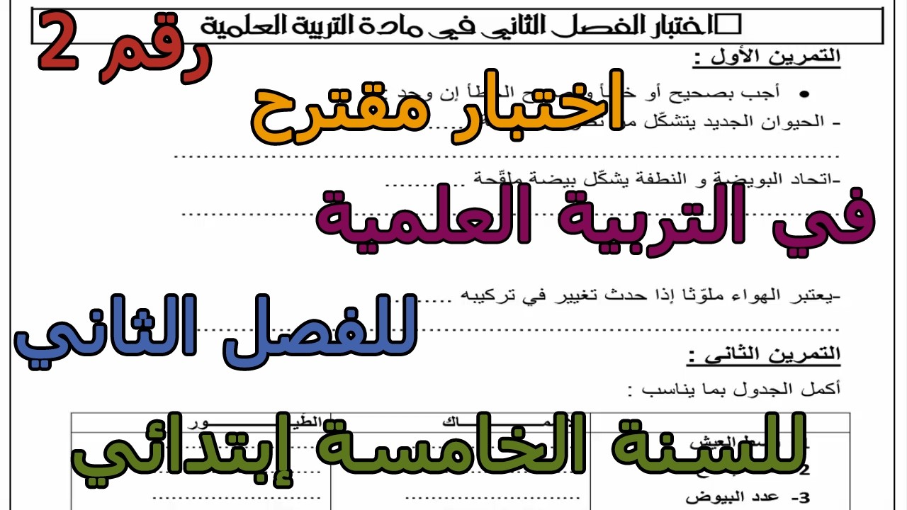 اختبار مقترح (رقم 2) في التربية العلمية للفصل الثاني للسنة الخامسة إبتدائي 2026