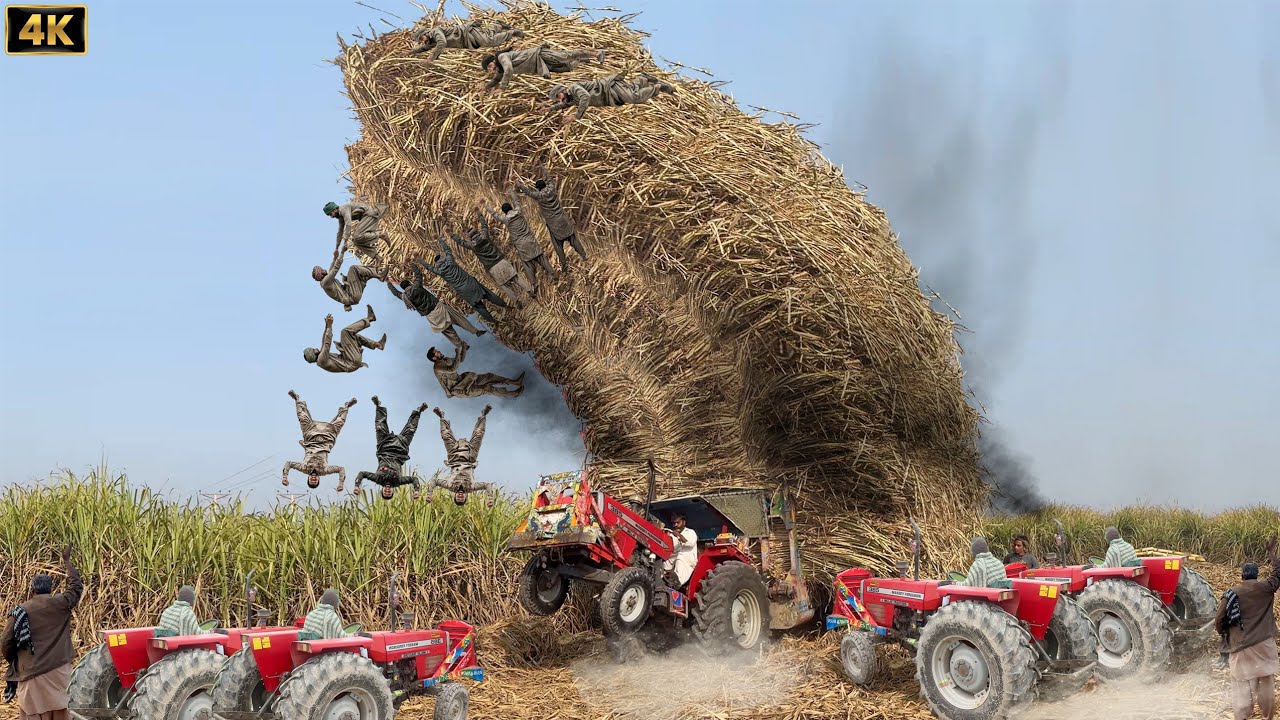 ​​MF 385 & Alghazi Tractor Power Test | Sugarcane Trolley Heavy Load stunts | 4K Ultra HD | Falak 4K