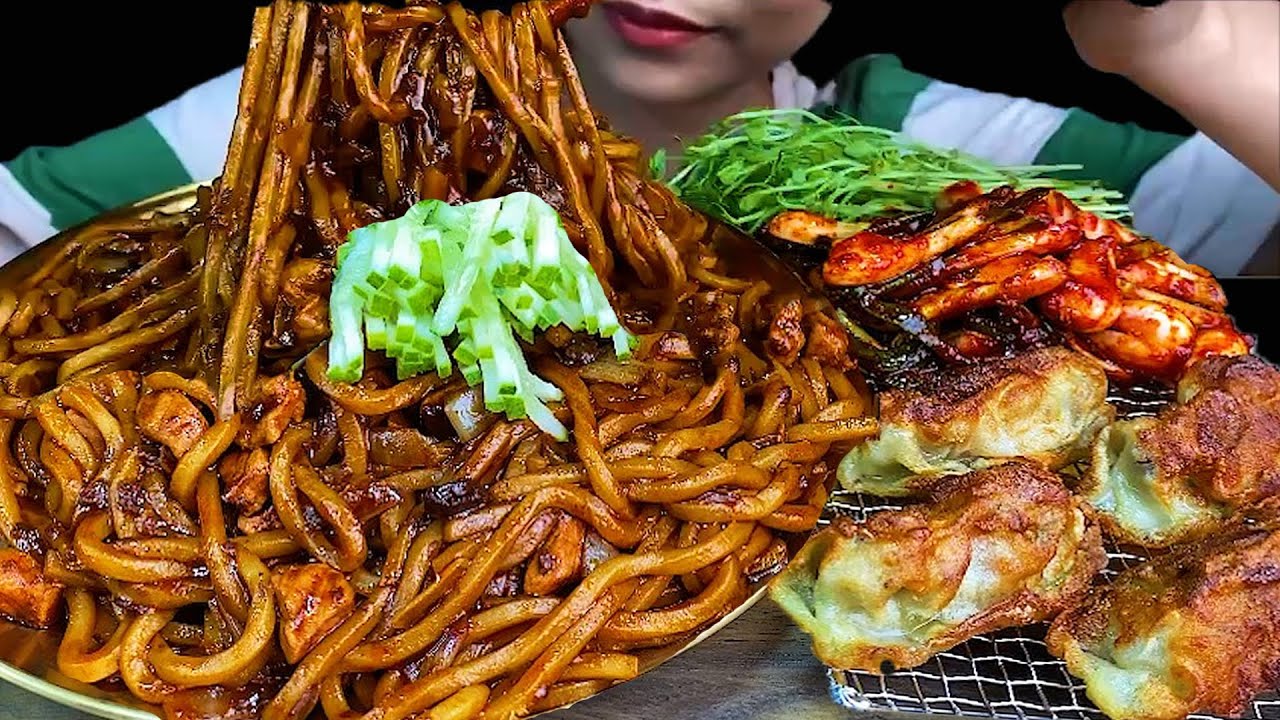 Black Bean Noodles (Jjajangmyen) & Green Onion Kimchi, Pork Dumplings