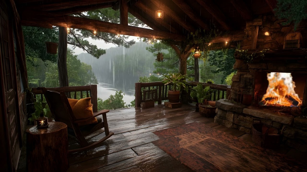 Heavy Rain at the Mountain Lake Cabin 🌧🔥 | Cozy Fireplace Sounds for Deep Sleep & Study