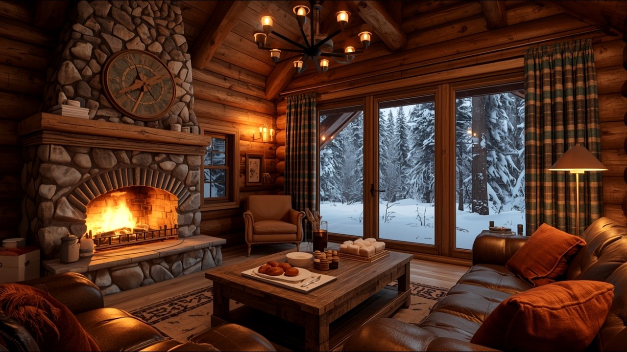 Cozy Log Cabin Winter Night ❄️🔥 | Smooth Jazz & Fireplace Ambience