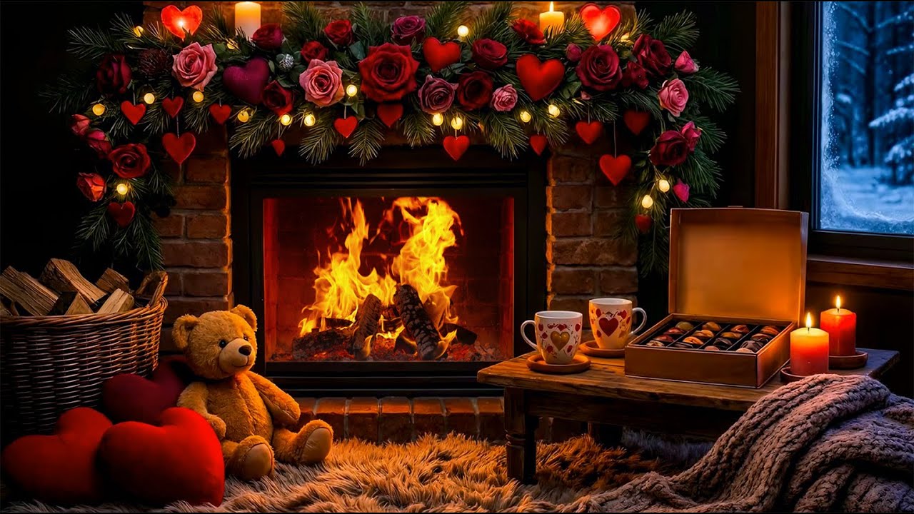 A Quiet Valentine’s Evening 🔥 Fireplace Glowing with Candles, Roses and Soft Romantic Light