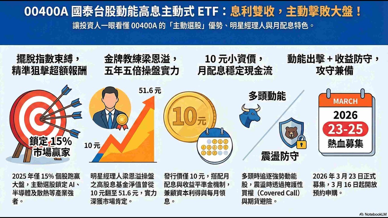 【2026/02/21】#57  00400A：投資新紀元從被動跟隨到主動超越，讓「金牌教練」為你狙擊台股超額報酬。10 元超親民發行價，享受王牌經理人的代操實力，看懂 00400A 如何攻守兼備！
