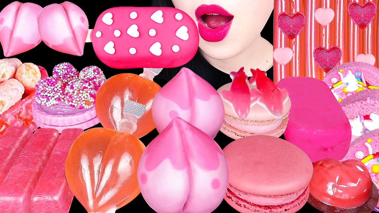 ASMR PINK DESSERTS ICE CREAM 핑크색 디저트 아이스크림, 젤리국수, 복숭아 초콜릿 건반코하쿠토 신기한 물 먹방 SNACK JELLY EATING MUKBANG