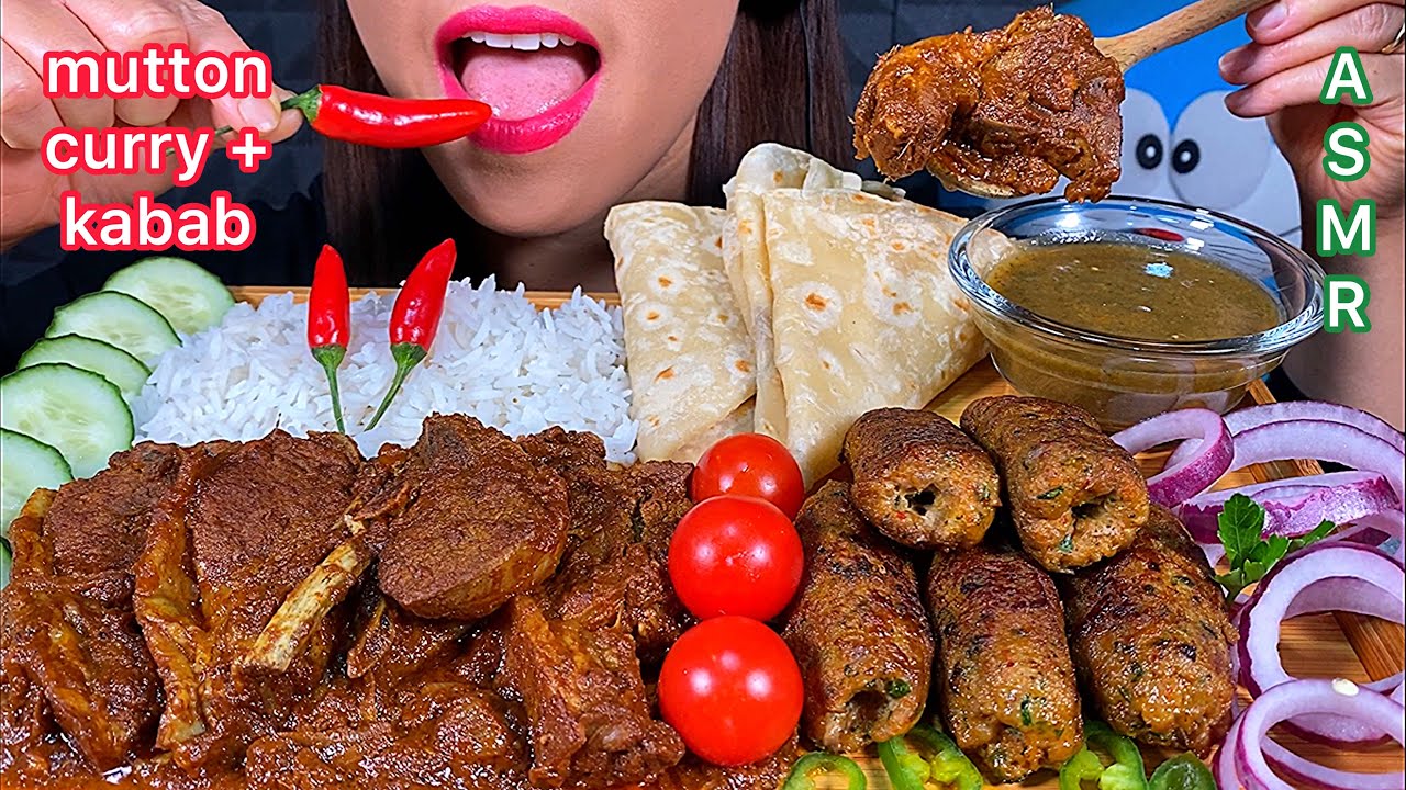 EATING SPICY MUTTON CURRY RICE, PAN FRY KABAB, RUMALI ROTI & TAMARIND CHUTNEY ASMR Sounds