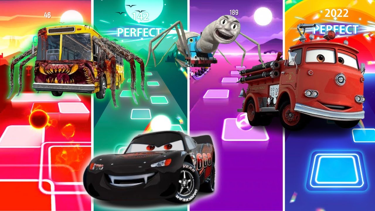 Bus eater vs Evil lightning mcqueen vs Spider thomas train vs Mcqueen vs Pixar Fire truck Tiles hop