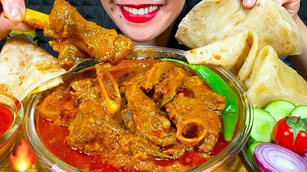 ASMR SPICY MUTTON CURRY, PARATHA, VEGETABLES MUKBANG MASSIVE Eating Sounds