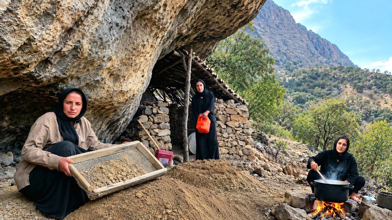 Hard Survival Challenge in a Mountain Cave | Nomadic Girls Rebuild Their Shelter & Cook Over Fire⛰️