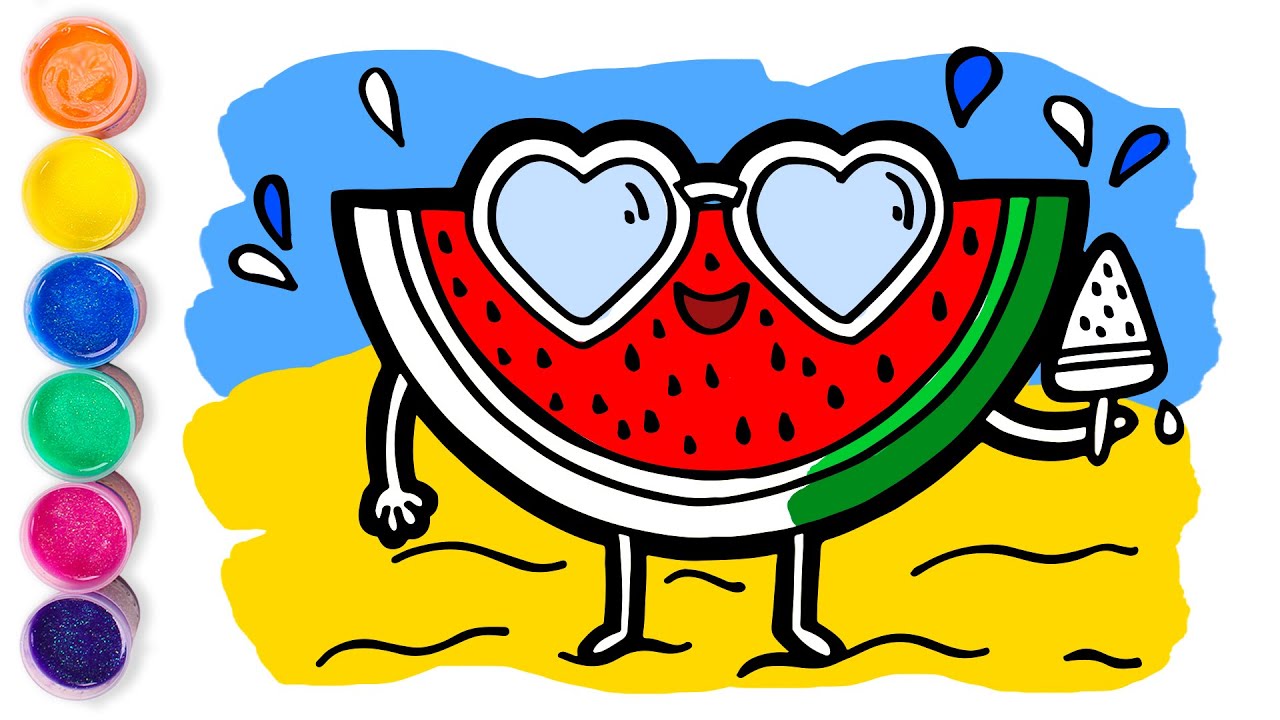 Colorea una SANDÍA kawaii en la PLAYA 🍉🌈🏖️ Dibujos para niños