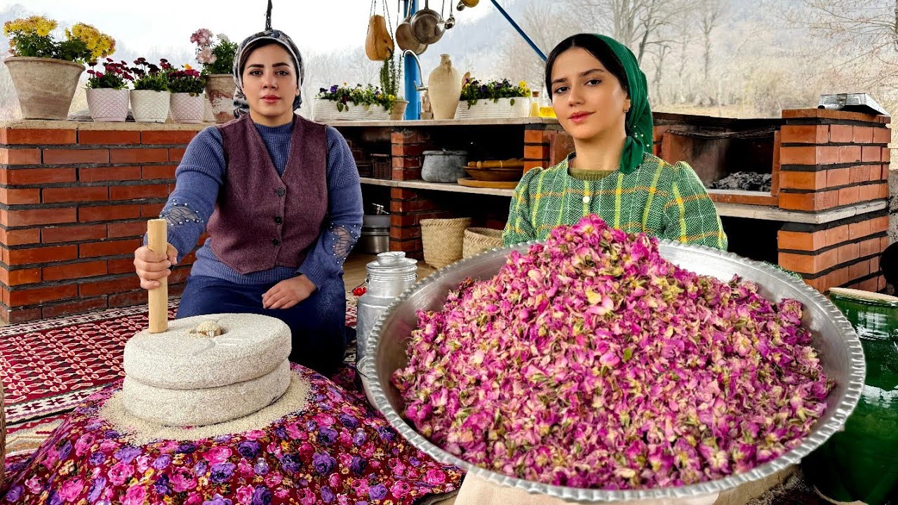 Preparing rice flour and cooking porridge with flower jam