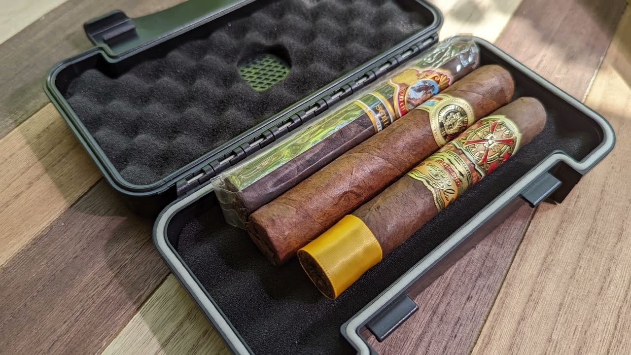 TISFA Travel Humidor Case Gift Set with Built-in Humidifier Cigar Cutter Stand Holds 3-4 Cigars