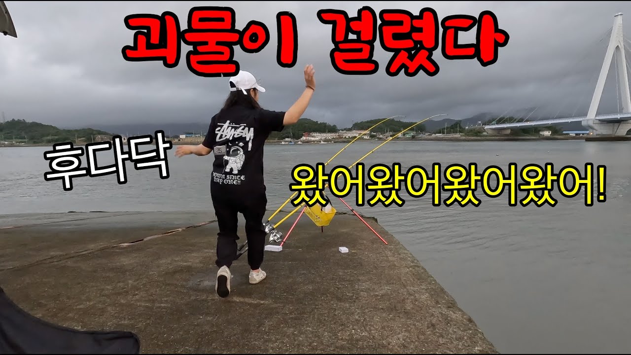 아무도 없는 방파제에서 괴물이 걸렸다...너무 큰데.....너무 커