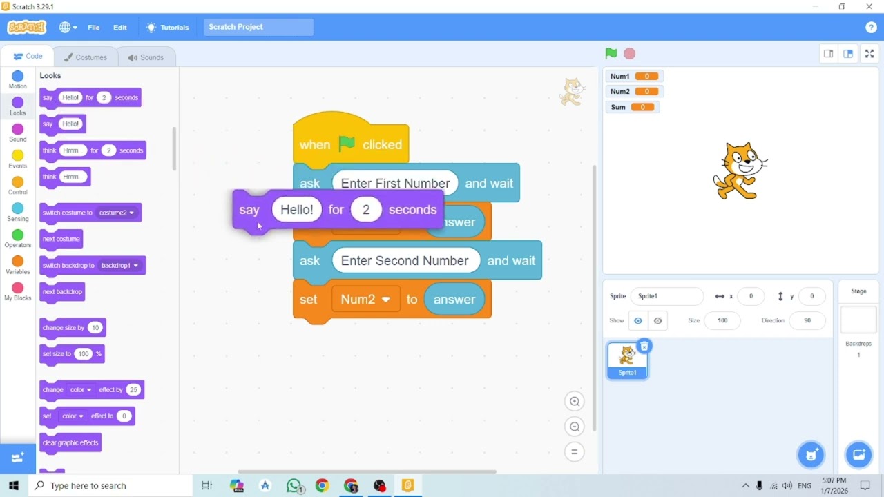 Second Scratch Program [Sum of two Numbers] | Learn Scratch from Zero | Step by Step Basics 2026