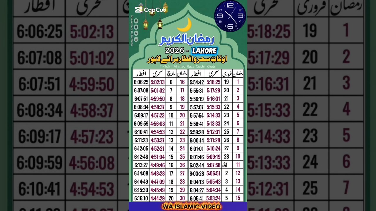 Ramzan Calender 2026  sehri ka time | 2026 Lahore iftar time sehri time   2026| #ramazan #sehri