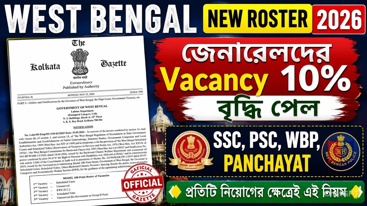 West Bengal New 100 Point Roster System 2026 | SC ST OBC EWS Reservation Update 