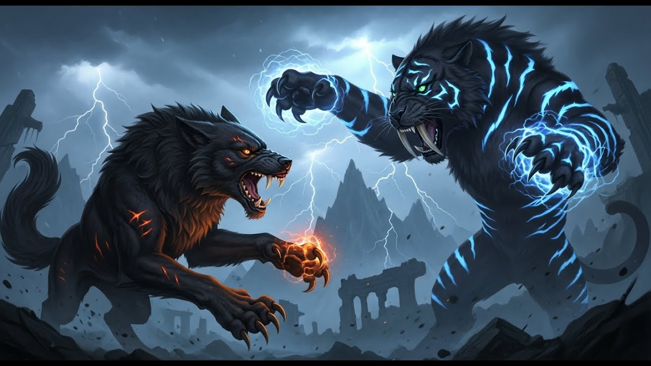 🐺 Giant wolf vs 🐱 giant cat — the roar of fallen gods ⚡🔥