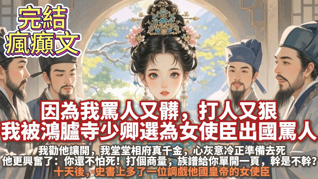 完結心酸瘋癲爽文：因為我罵人又髒，打人又狠，我被鴻臚寺少卿選為女使臣出國罵人。我勸他讓開。我堂堂相府真千金，心灰意冷正準備去死。鴻臚寺少卿更興奮了：你還不怕死！打個商量，族譜給你單開一頁，幹是不幹？