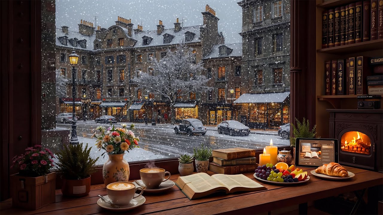 Tranquil Winter Coffee Shop ❄️ Gentle Jazz Piano & Crackling Fireplace for Study, Work & Sleep