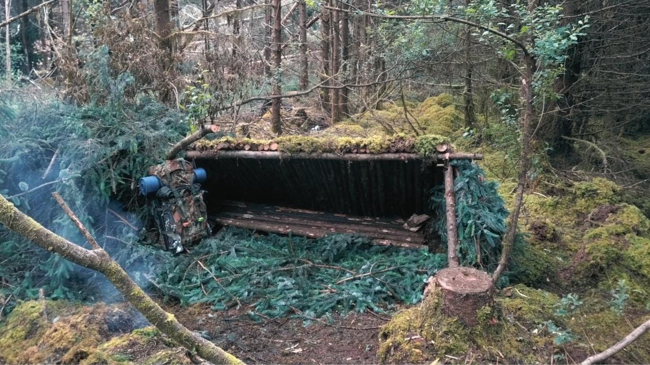 Building a Natural Forest Shelter using Fallen Tree | Lean-To Style Bushcraft Log Shelter