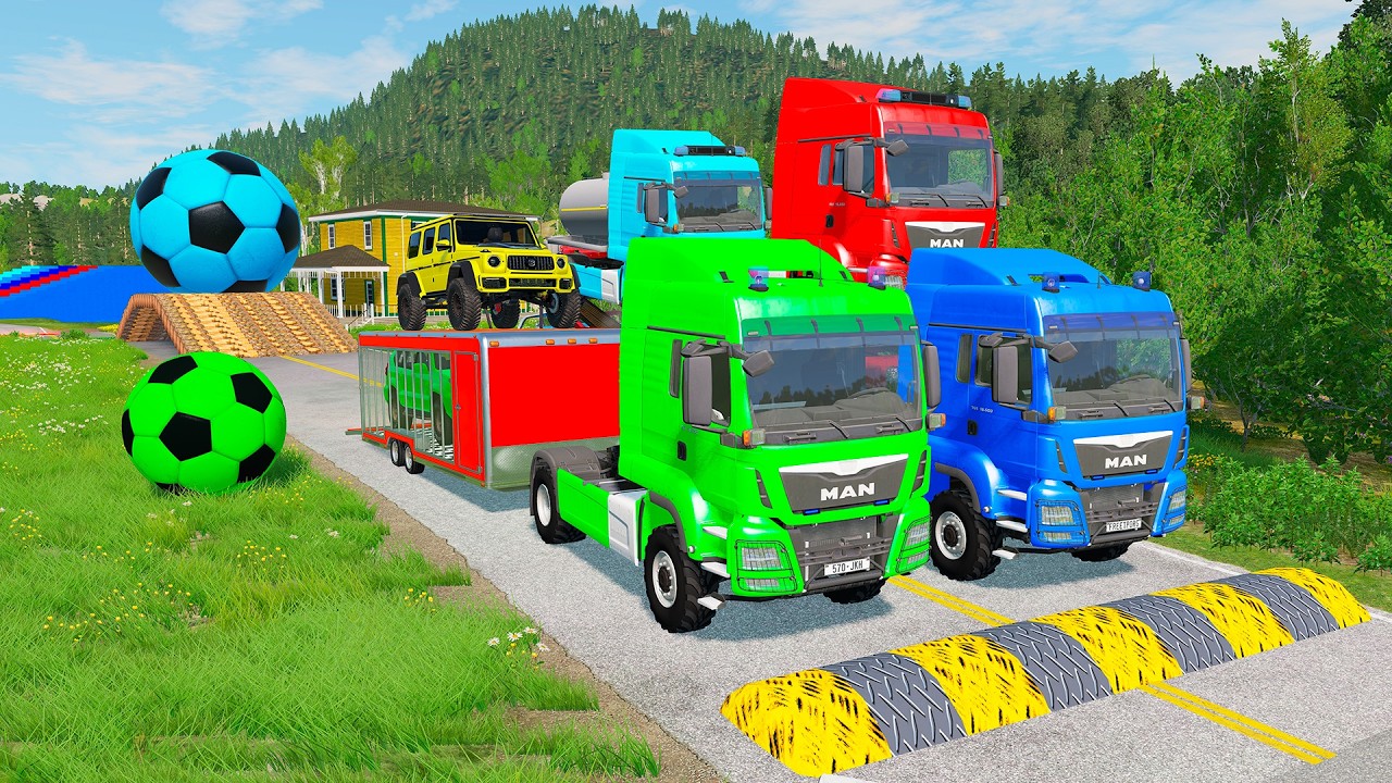 Triple Flatbed Trailer McQueen Transportation with Truck - Speedbumps vs Cars vs Train - BeamNG 0144