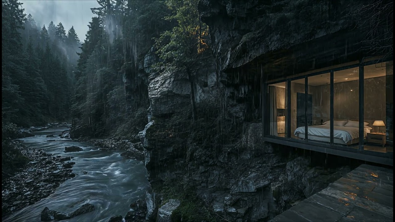 Forest River Rain for Deep Sleep – Cozy Cliffside Cabin Night | No Thunder