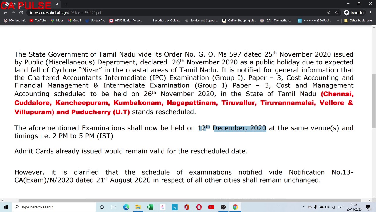 EXAM POSTPONED (COST ACCOUNTING CA INTER AND CA IPCC) DUE TO CYCLONE IN THESE STATES