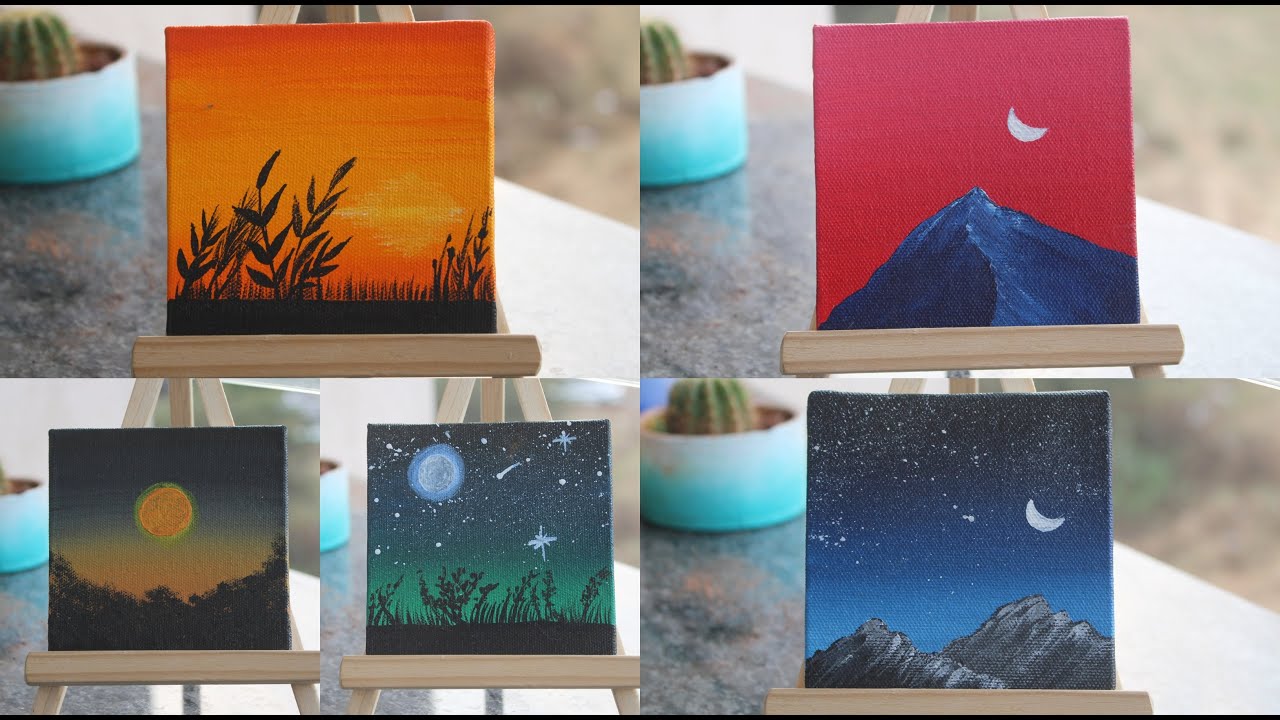 5 Paintings For Beginners || Complete Guide on Blending Techniques || Painting on 5 Tiny Canvases