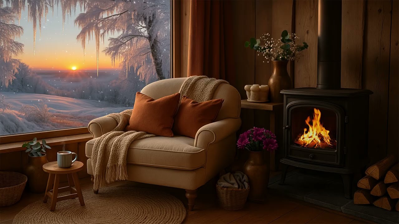 Cozy Winter Cabin Fireplace Ambience | Peaceful Sunset & Crackling Fire