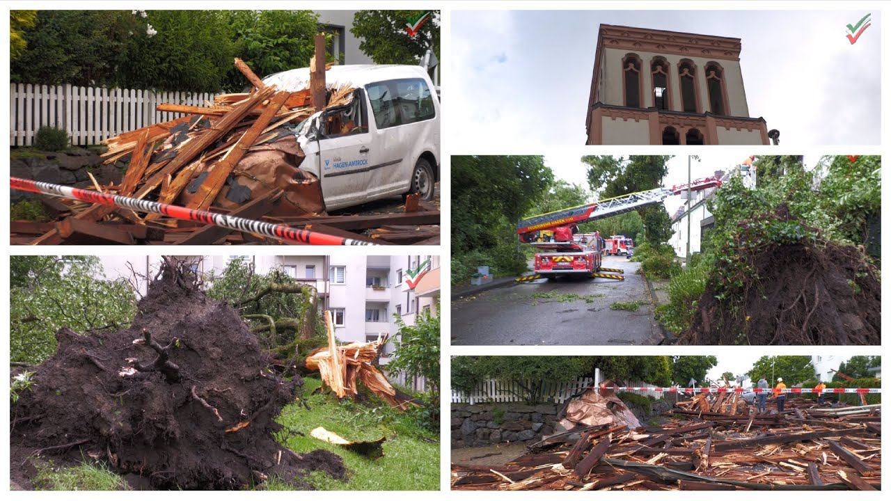 2024 05 29 - Tornado in Hagen: Kirchturmspitze weggeflogen, Bäume entwurzelt, Dächer abgedeckt, Auto