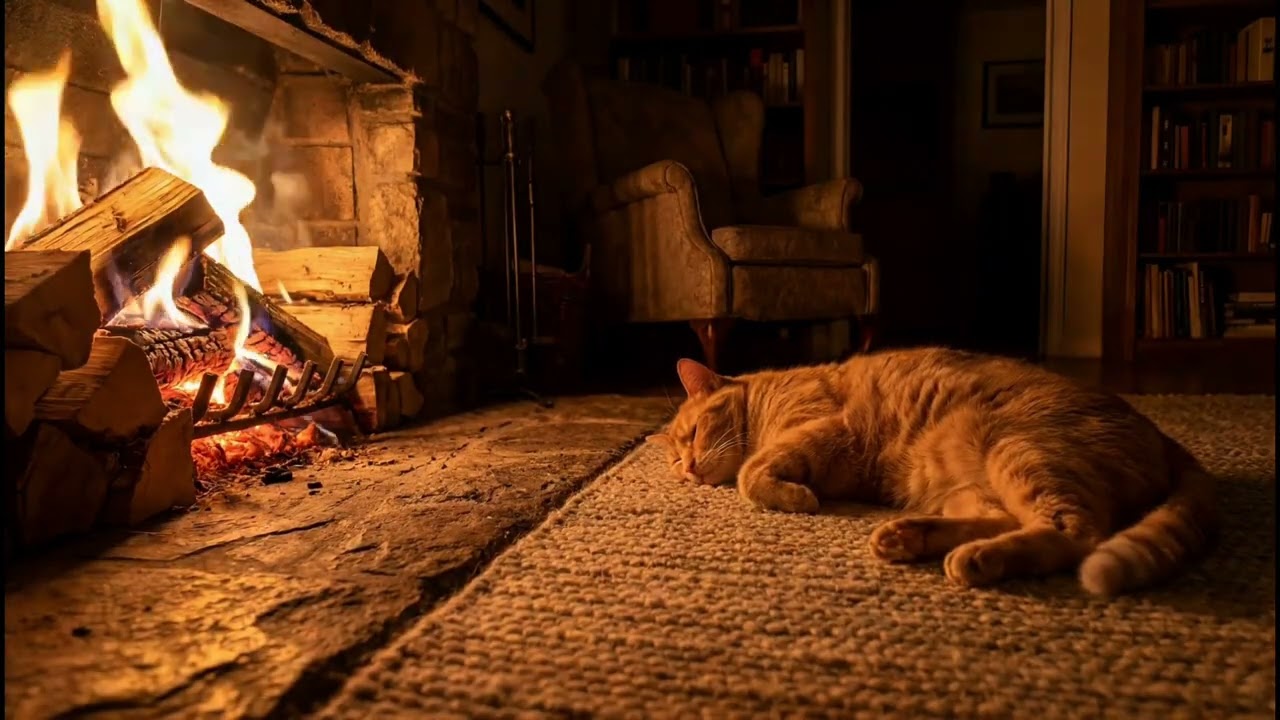 🐱🔥 12 Hours Cozy Fireplace with Sleeping Cat   | Cozy Fire Ambience for Sleep & Relaxation