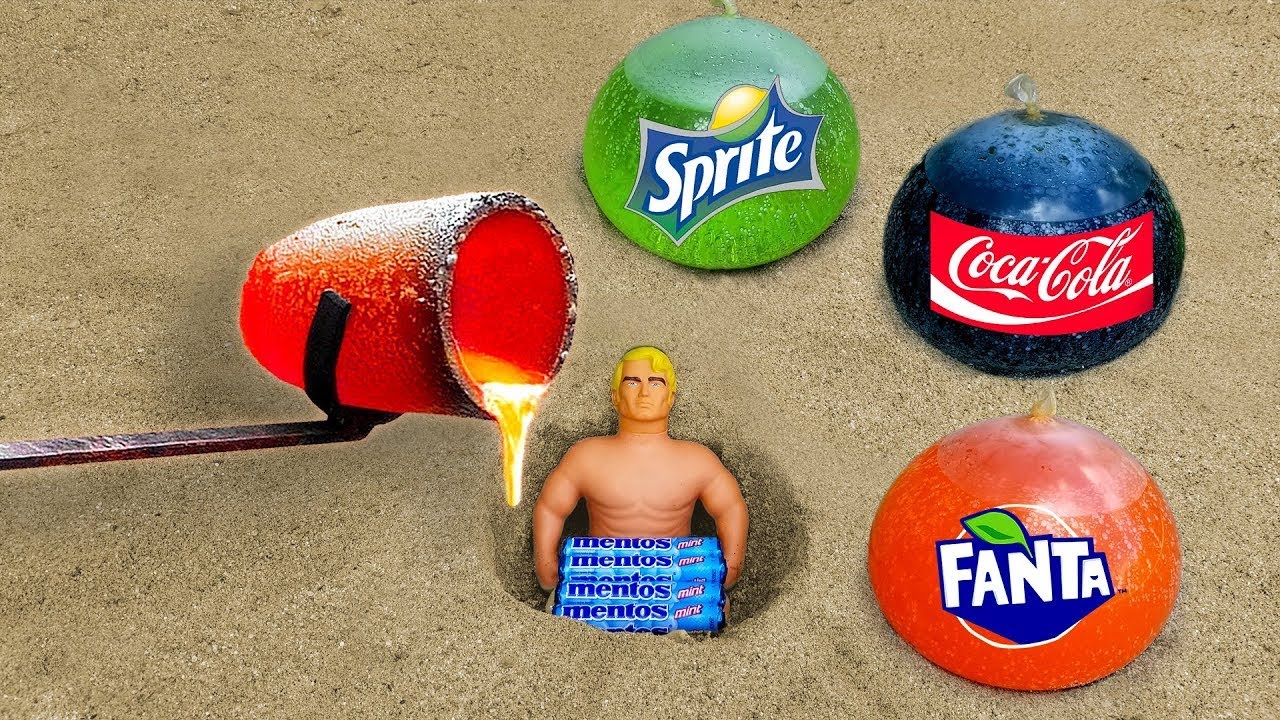 Experiment: Stretch Armstrong VS Underground Coca-Cola, Fanta, Sprite and Mentos