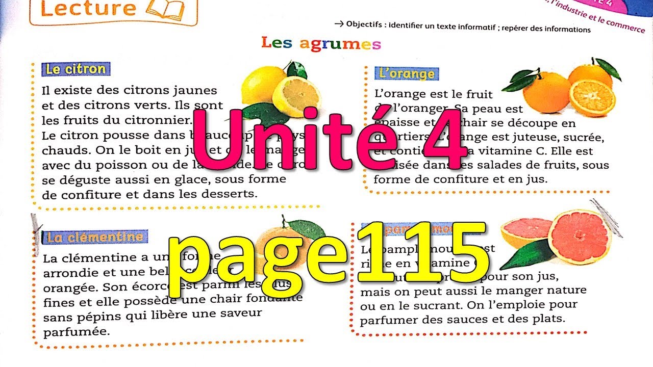 lecture / unité 4 / les agrumes / mes apprentissages 4 année page 115