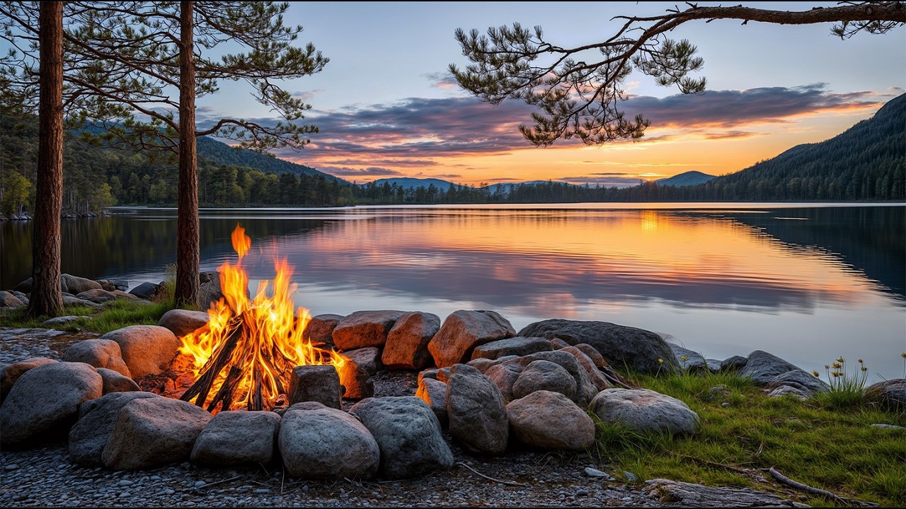 🔥 Campfire by a Peaceful Mountain Lake at Sunset 🌅 Relaxing Nature Sounds for Deep Sleep