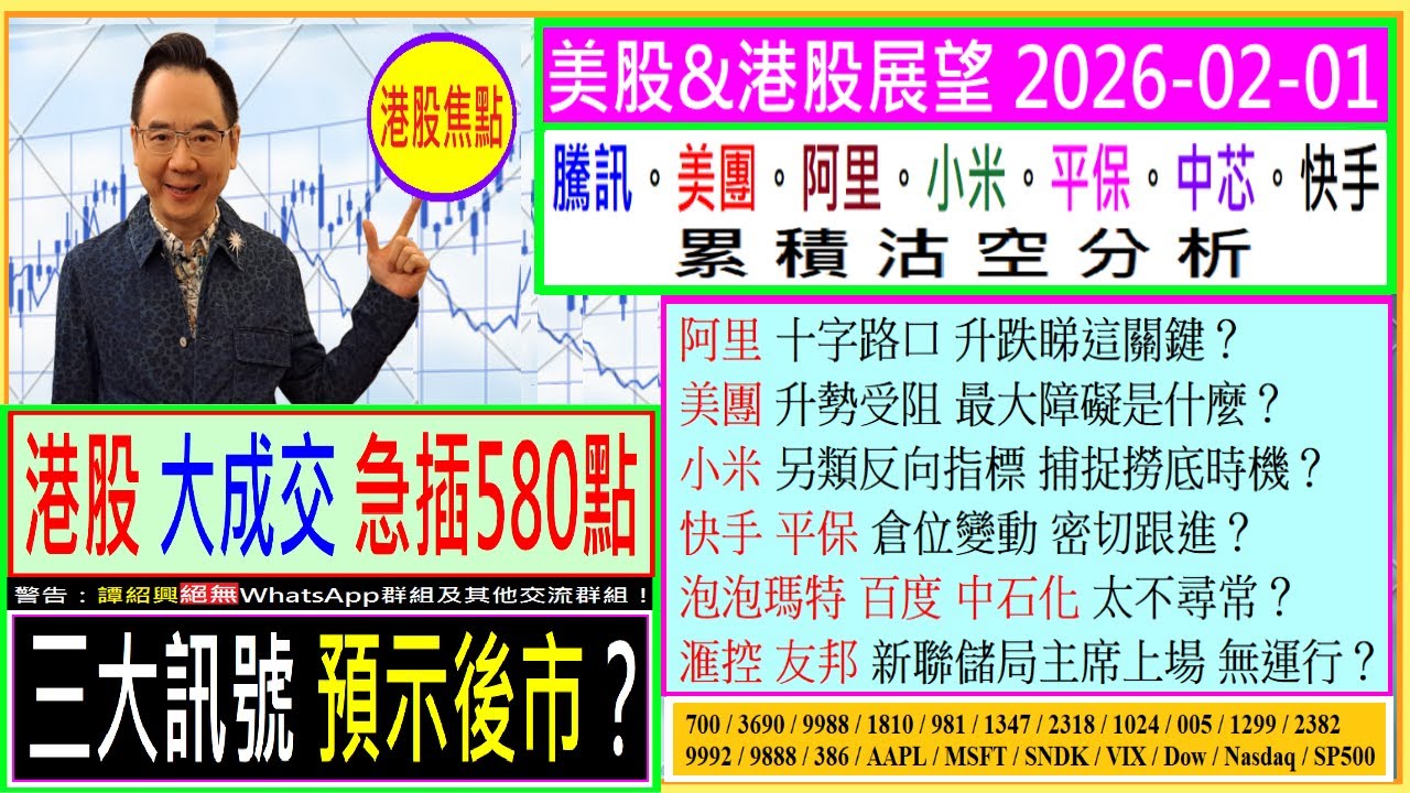 三大訊號 預示後市？🚦/阿里 升跌睇這關鍵？🙄/美團 升勢最大障礙是什麼？🚧/小米 另類反向指標 捕捉撈底時機？🤔/快手 平保 倉位變動？😬/泡泡瑪特 百度 中石化 太不尋常？😨/2026-02-01