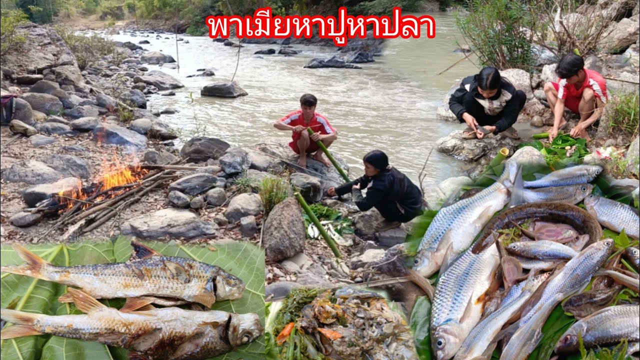 พาเมียลงห้วยหาปลา มาใช้ชีวิตในป่าในน้ำ ย่างปลา หลามปลา นั่งกินข้าวสุดแสนอร่อย-บ่าวยืง