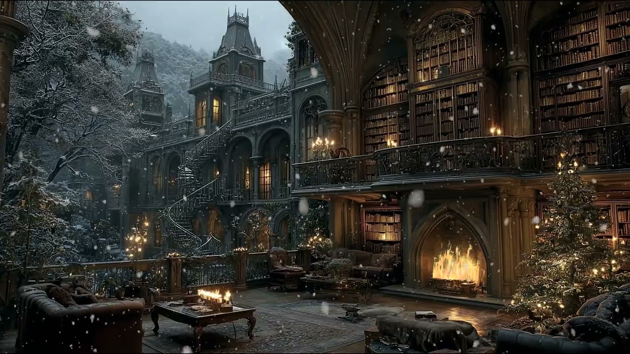 Snowy Gothic Library Balcony with Haunting Piano ❄️ Winter Dark Academia Playlist for Deep Focus