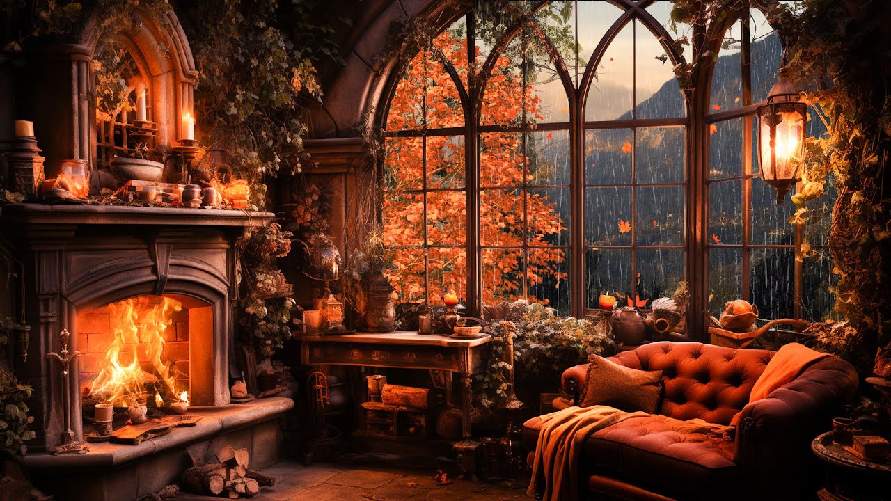 Cozy Autumn Cottage Rain Ambience with Relaxing Piano Music and Fireplace Sounds for Sleeping