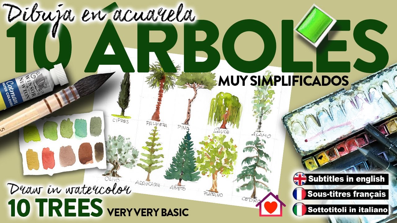 Dibuja arboles en acuarela de forma simple, aprende paso a paso. Sketch 10 basic trees in watercolor