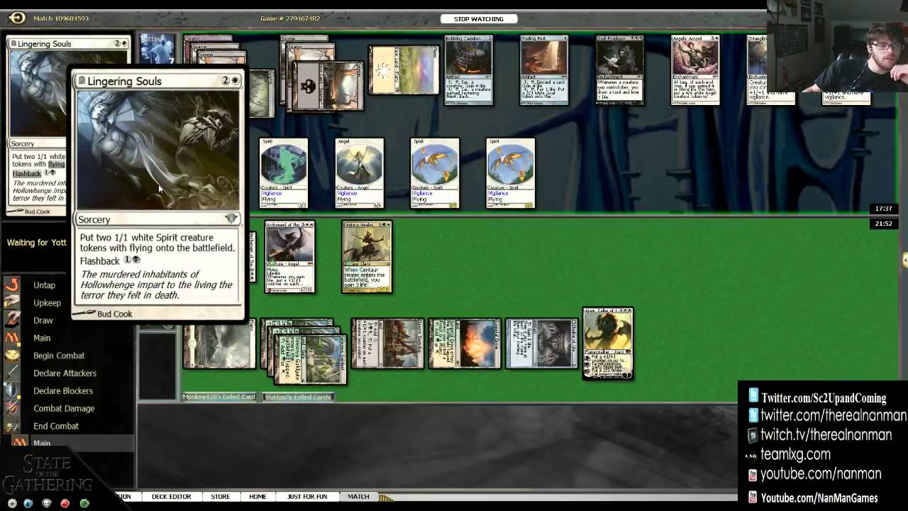 NanMan casts Magic the Gathering Bubbling Cauldron Sacrafice Engine vs Green-White Life Gain