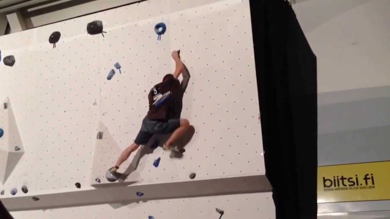 Nalle Hukkataival flashes route set by Andy Gullsten at Sisu Masters 2013 in Helsinki.