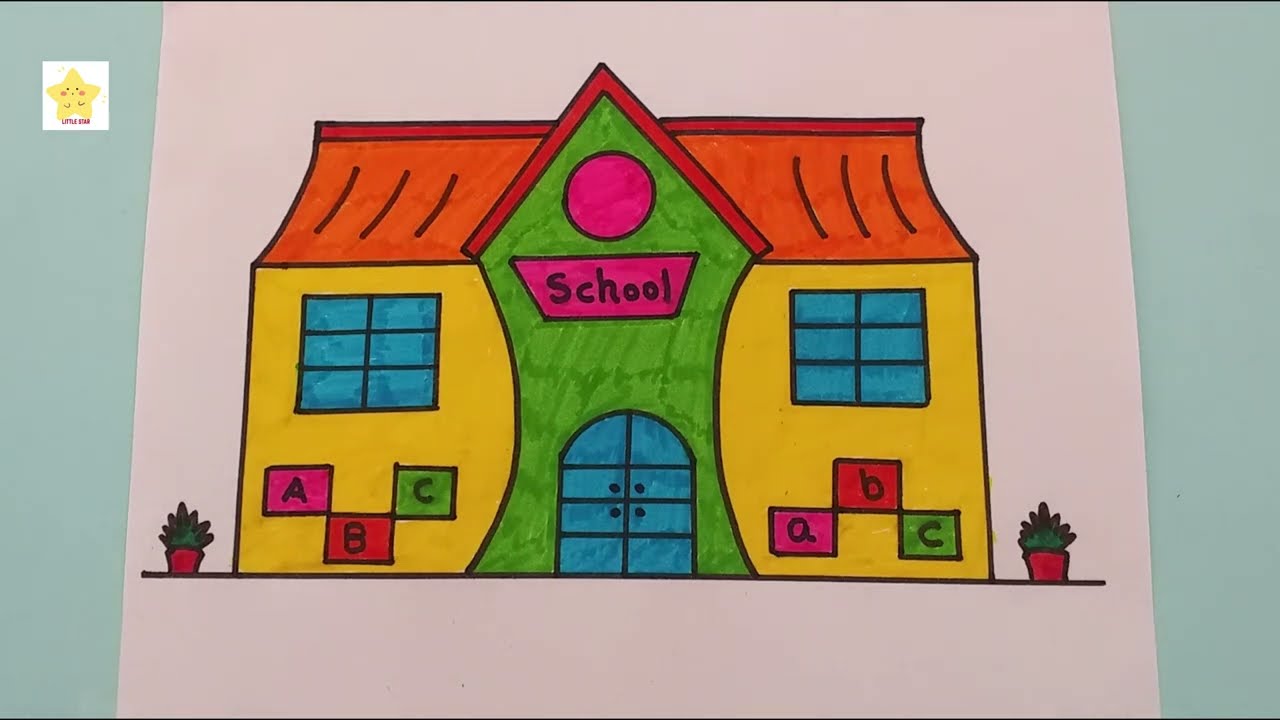 Drawing a Colorful School 🏫 | School Building Art | Little Star  🌟