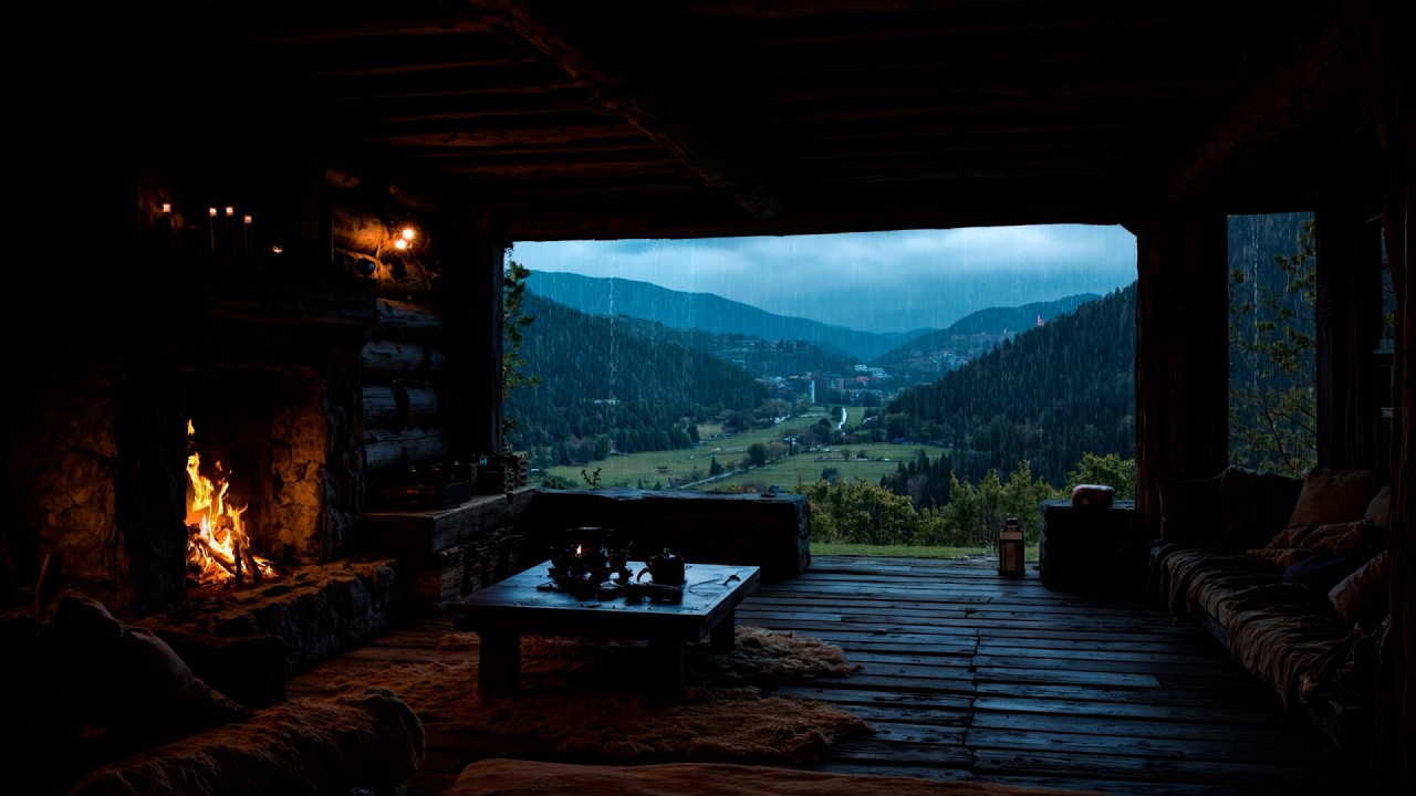 Fall Asleep in Minutes 😴🌧️ Rainy Cabin Night with Warm Crackling Fireplace