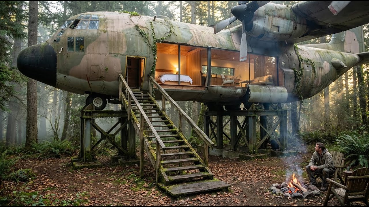 This man built a SECRET HOUSE inside a Lockheed C-130 HerculesBuilding a house in the woods (ASMR)