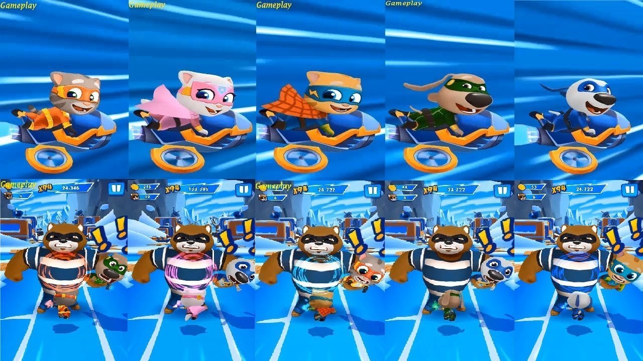 Talking Tom Hero Dash  Ride the jet Bike VS Teamwork SUPER Angela  SUPER TOM GINGER BEN SUPER HANK