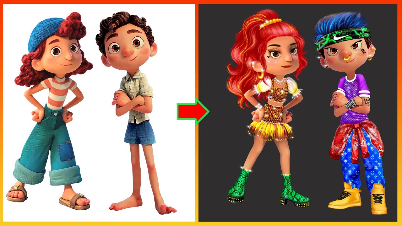 Luca Pixar, Giulia Glow Up Elemental Ember Lumen, Brook Ripple - Luca Disney Cartoon Art