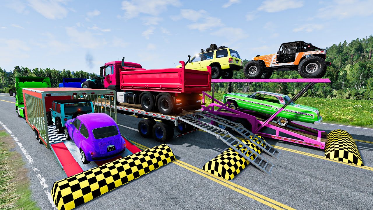 TRANSPORTING PIXAR CAR & FRUIT COLORED & JOHN DEERE vs CLAAS vs TRACTORS - BeamNG.drive | NBG #423