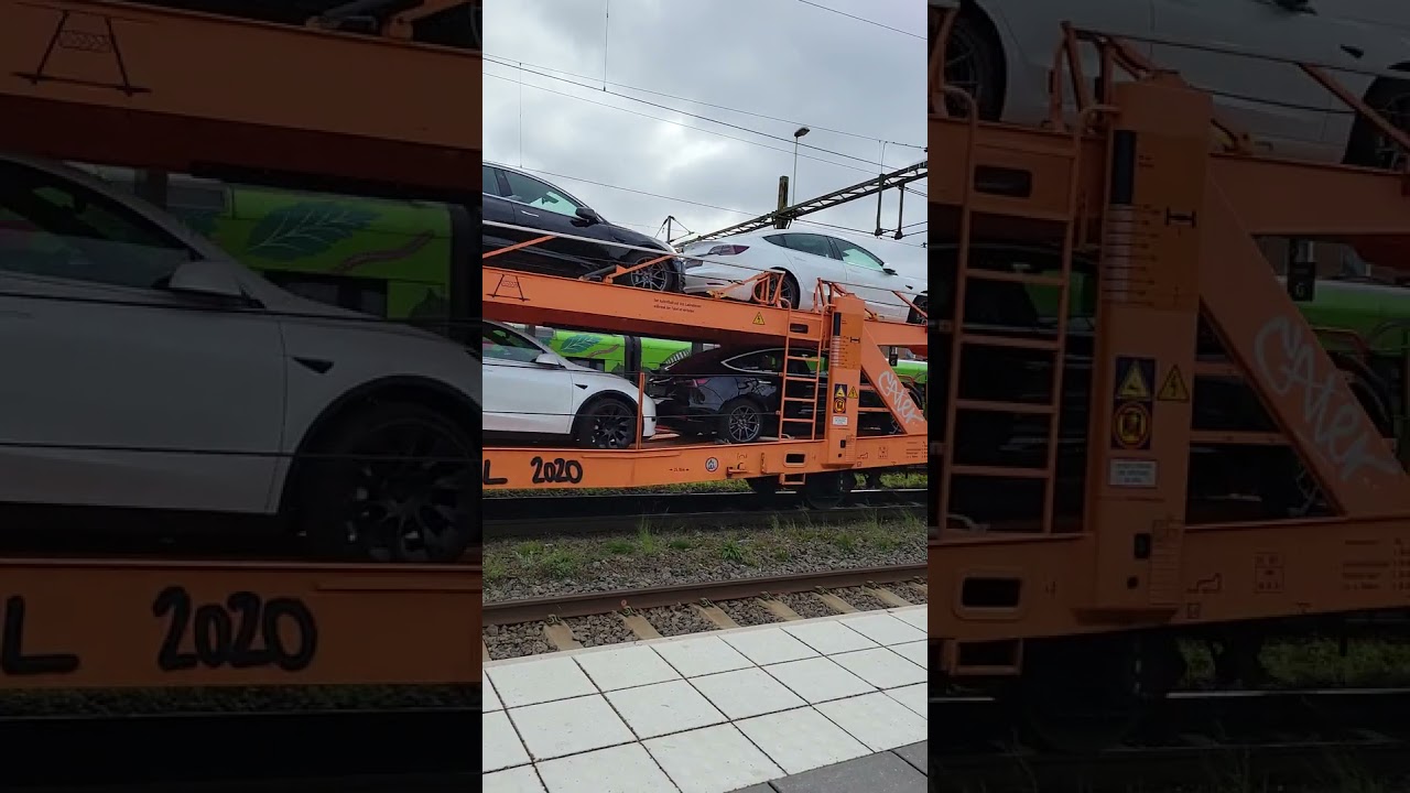 Tesla Model 3 and Model Y cars transported on train in Sweden