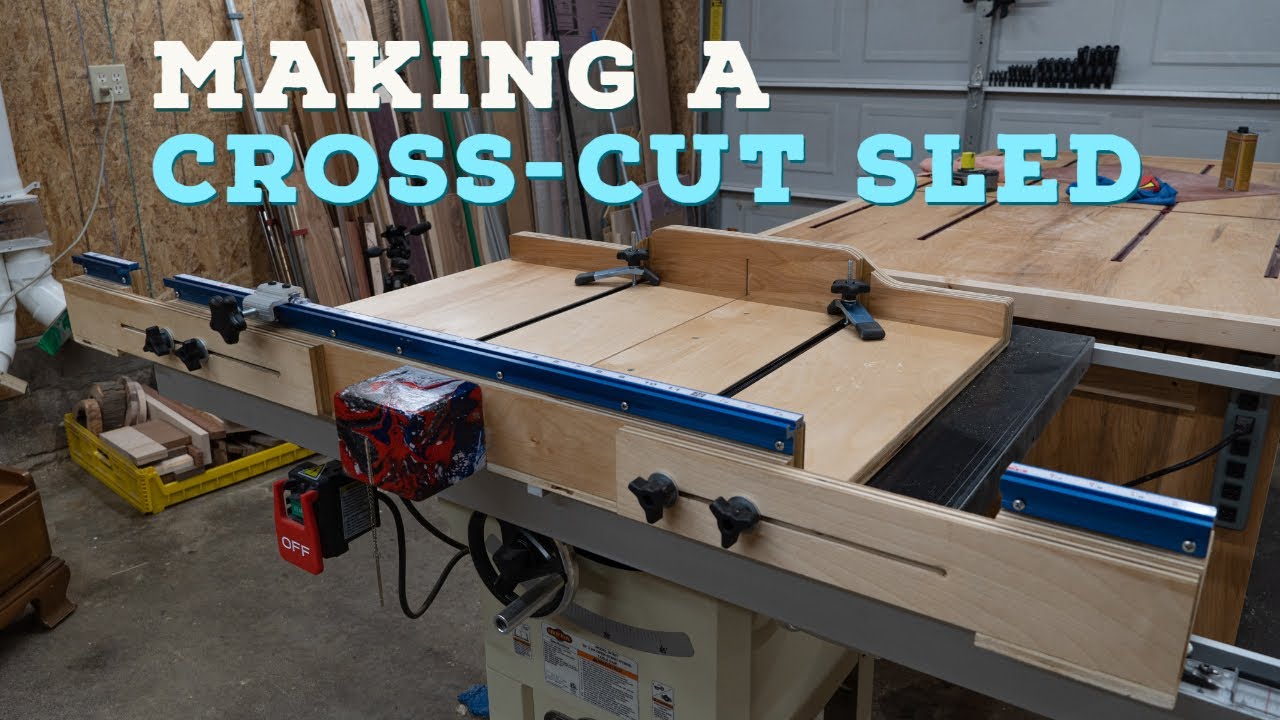 Cross-cut sled with adjustable fence, 2 extension wings, hold down tracks, t-track, and hydro-dip
