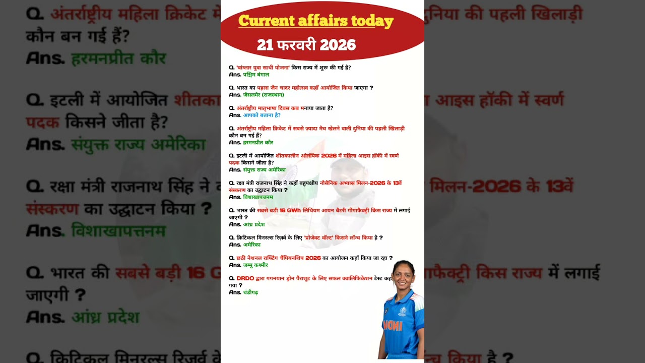 21 फरवरी करेंट अफेयर्स (2026)🔥| today current affairs #ssccgl #currentaffairs #sscchsl #gk #upsc